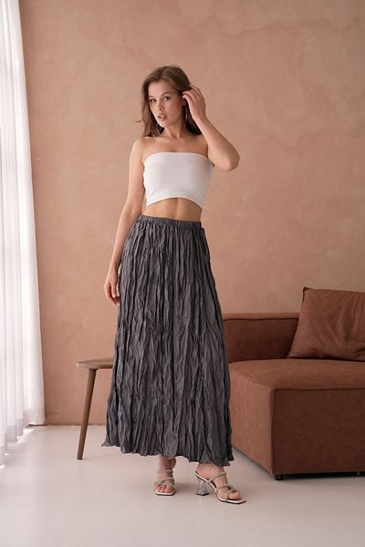 Modayıldızlar Gray Wrinkled Pocketless High Waist Women's Midi Skirt