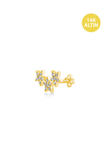 KURSHUNI Taşlı 3 Yıldız, 14 Ayar Altın Kıkırdak Küpe/Piercing (TEK Satılır) Bar Uzunluğu:6,5 mm