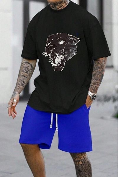 NO 601 Men's Black Tiger Printed Oversize Tshirt Blue Short Set