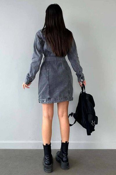 FashionForYou FERRA denim sundress, with drawstring and slant pockets, Grey, S
