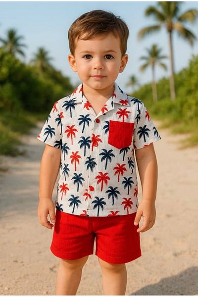 MİNYON BABY Palm Printed Pocket Shirt Bottom Top Summer Men's Set