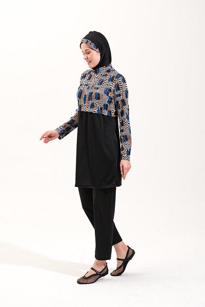 Plistre 2156_Women Patterned Full Covered 3 Piece Set Sea/Pool Hijab Swimsuit