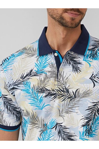 s.Oliver Tricou polo bărbătesc cu imprimeu cu frunze de palmier, croială regulată, albastru, mărimea S