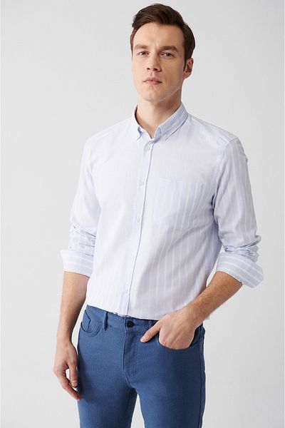 Avva Cămașă pentru bărbați, albastru deschis, 100% bumbac, cu dungi Oxford A31y2055