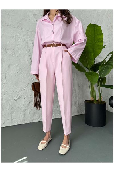 Elif Özbey Butik Pink Gold Belted Carrot Pants