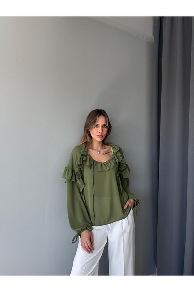 AlisaSu Cămașă pentru femei kaki cu decolteu în V cu volane