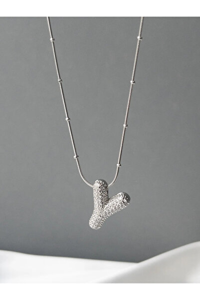 İNN JEWELLERY Kararmaz Çelik Zirkon Taşlı Balon Kolye-Gümüş Renk