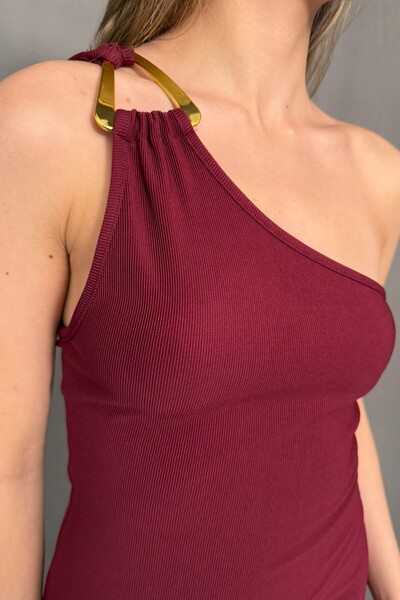 Hisleria One Shoulder Gold Accessory Slit Detail Burgundy Long Dress (Evening Dress & Wedding & Graduation)