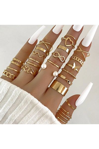 Choice 138 Fashion Simple Wave Joint Rings Set For Women Crystal Heart Shape Gold Silver Color Ring Female