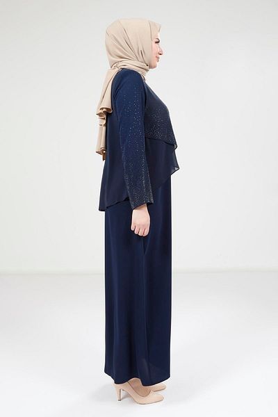 Beyza Φόρεμα σιφόν με πέτρινη λεπτομέρεια Navy Blue 9323