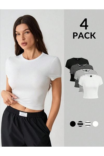 ÖZ PAMUK Women's 4-Piece Ribbed Cotton Fabric Crew Neck Knitted Crop T-Shirt