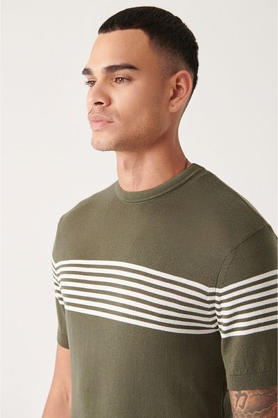 Avva Ανδρικό πλεκτό μπλουζάκι Khaki - Crew Neck, Stripe Detailed, A31y5116