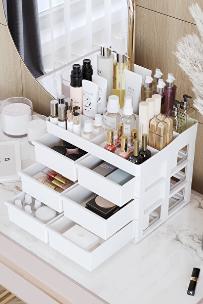 Pufwin Home Paris Xl 6 Çekmeceli Makyaj Kozmetik Banyo Yüz Serumu Masa Düzenleyici Saklama Kutusu Organizer