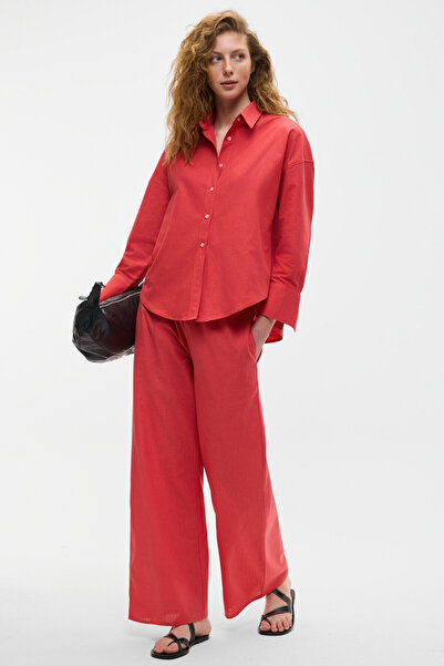 GRIMELANGE Vesta Women's 100% Cotton Linen Look Flared Oversize Red Shirt