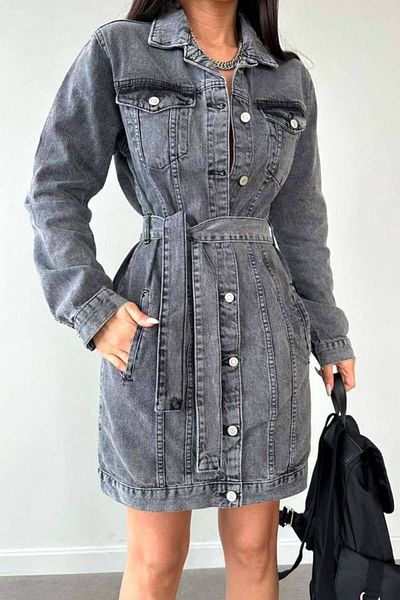 FashionForYou FERRA denim sundress, with drawstring and slant pockets, Grey, S