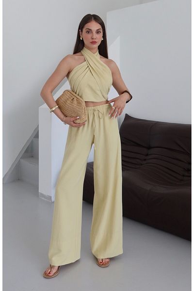 Laluvia Κίτρινο κοστούμι παντελόνι Halterneck Bustier - 30352