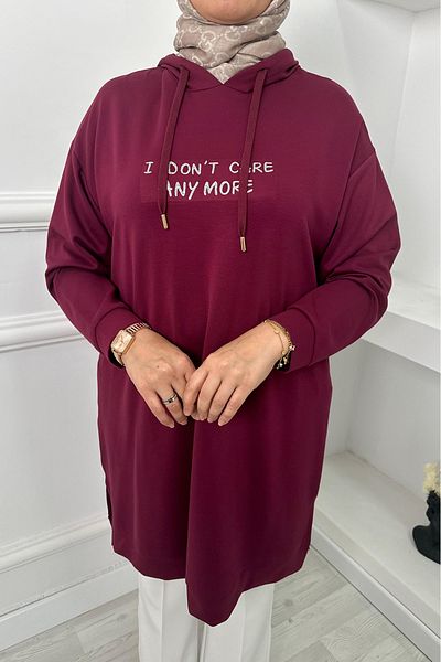 Linvey Printed Hooded Cuff Detailed Slit Oversize Sports Long Tunic