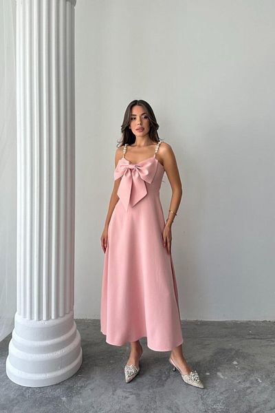 modaserdem Women's Pink Pearl Strap Detailed Night-Graduation-Wedding-Evening Dress