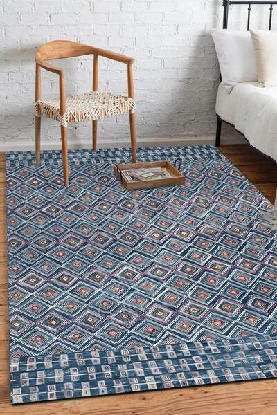 Markaev Lacivert Tonlu Elmas Desen Dijital Baskılı Kaymaz Zenit Halı ZNTKLM