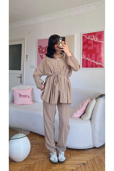 Moda İkra Front Buttoned Tie-Up Shirt Pants Suit