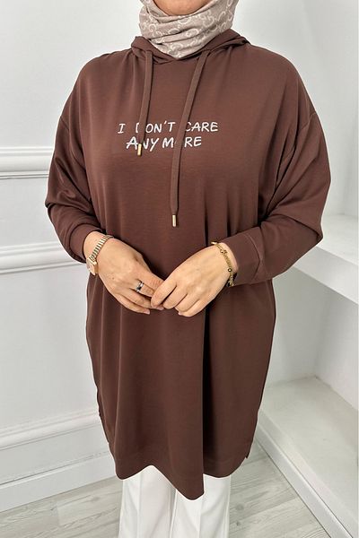 Linvey Printed Hooded Cuff Detailed Slit Oversize Sports Long Tunic
