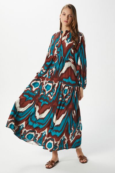 Ritnice Modest Women's Mira 100% Viscose Maxi Length Khakiturquoise Brown Layered Balloon Sleeve Long Summer Dress