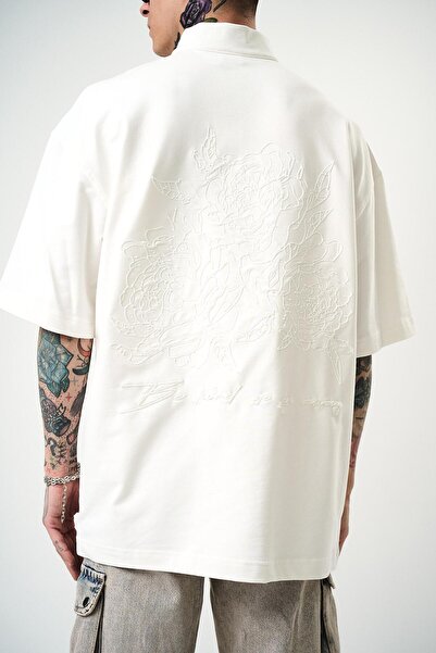 Respire Ανδρικό μπλουζάκι Be Kind με κέντημα με μισό φερμουάρ Oversize εκρού