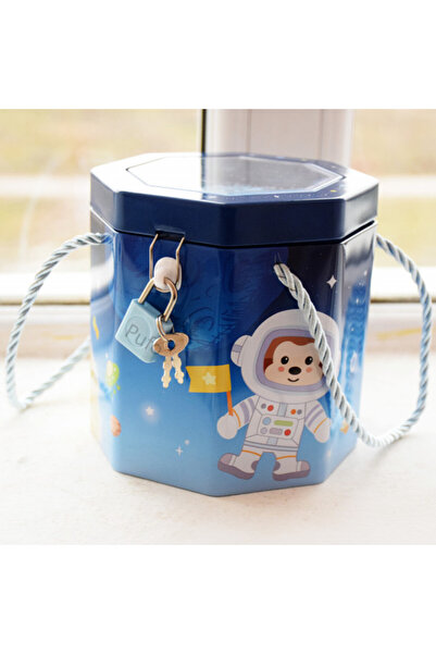 PUFO Little Astronaut metal piggy bank with lock and key, 12 cm, blue