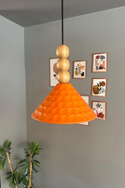 Bamyum Rumy Turuncu Tekli Avize Ahşap Üçlü Boncuk Başlık Sarkıt Ofis Showroom Salon Mutfak Avizeleri