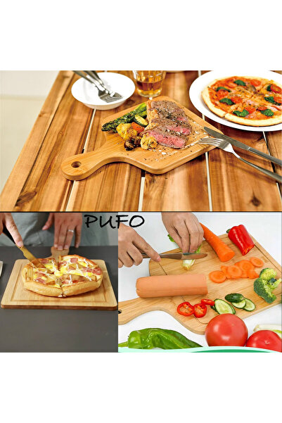 PUFO bamboo wooden platter with handle for serving food, appetizers, pizza, 32 x 20 cm, brown