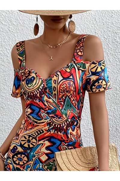 modaserdem Women's Shoulder Strap Patterned Single Jersey Dress