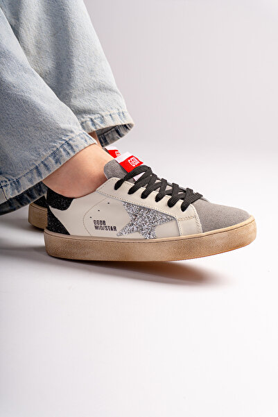alkushoes Hakiki Deri Yıldız ve Pul Detaylı Eskitmeli Krem Kadın Sneaker Kirli Detaylı Günlük Spor Ayakkabı