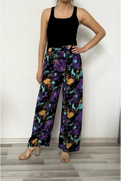 520CK Women's Trousers - Elastic Waist - Summer Viscose Fabric Trousers - Wide Leg