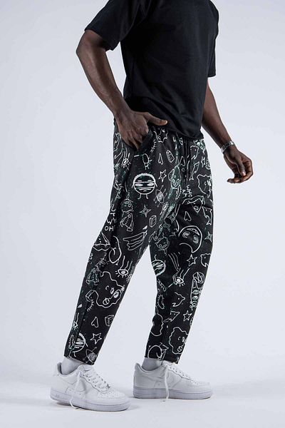 SUPERBLUE Men's Patterned Loose Black Trousers with Elastic Waist