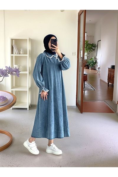 OlaLady Rochie de damă, cu dantelă, guler pentru bebeluși, cu centură hijab, blugi din denim