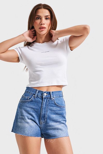 its basic Pantaloni scurți din denim cu talie înaltă, 100% bumbac, pentru femei, culoare albastră 2s5-4