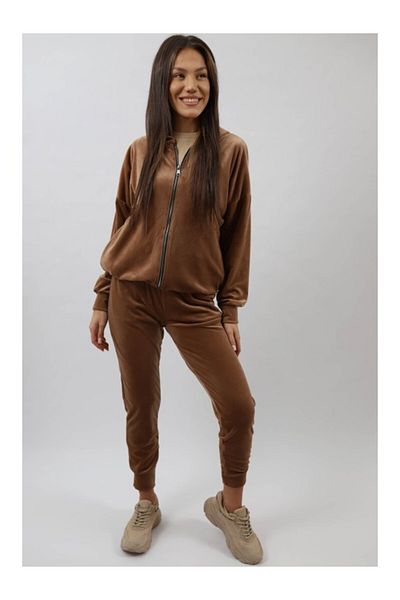 FASHIONLAND SPORTS SUIT WITH VELVET HOOD ZIPPER CLOSURE SPLENDIDO ONE SIZE CAMEL