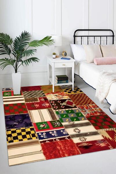 Markaev Ekose ve Çizgili Otantik Yama Desen Dijital Baskılı Kaymaz Zenit Halı ZNTKLM