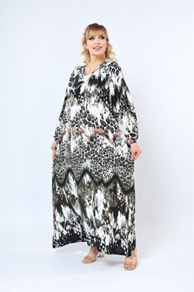 mervemoda Women's Plus Size Printed Summer Woven Long Sleeve Long Length Dress