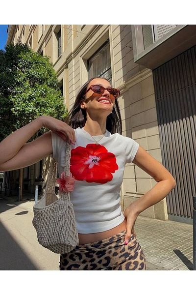 3 ROPE Hibiscus Flower Printed 100% Cotton Crop T-Shirt Blouse White