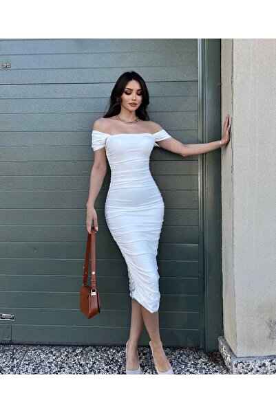 OlaLady Kadın Düşük Kollu Drapeli Büzgülü Sandy Kumaş Midi Boy Elbise