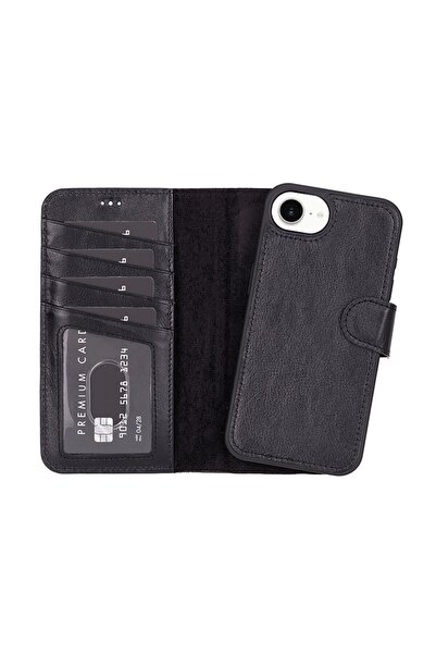 PLM Apple iPhone 16e uyumlu, Hakiki Deri, El Yapımı, Cüzdanlı Kılıf, Kömür Si...