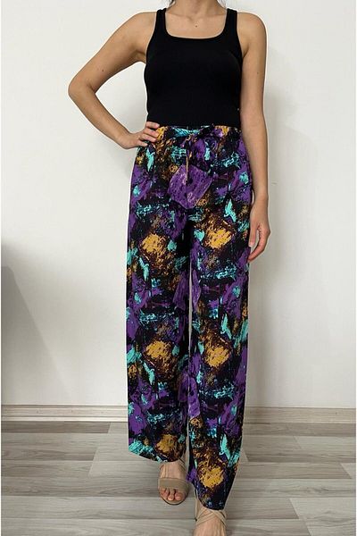 520CK Women's Trousers - Elastic Waist - Summer Viscose Fabric Trousers - Wide Leg