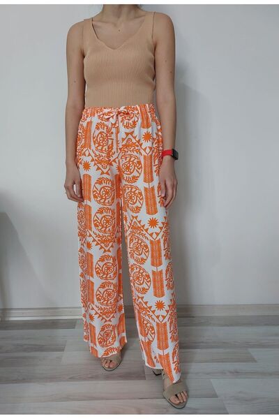 520CK Patterned Viscose Women's Summer Trousers - Wide Leg Plaszo