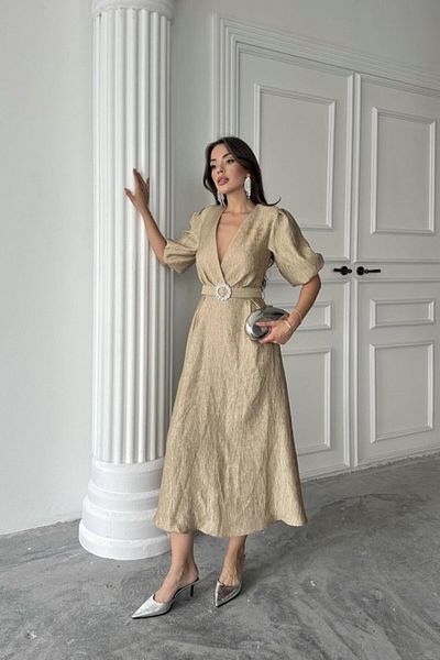 gelirr Gold Sparkling Belted Double Breasted Dress