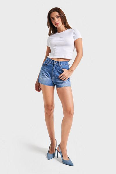 its basic Pantaloni scurți din denim cu talie înaltă, 100% bumbac, pentru femei, culoare albastră 2s5-4