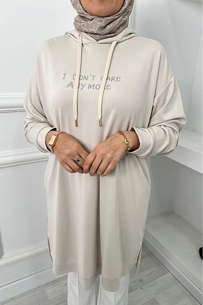 Linvey Printed Hooded Cuff Detailed Slit Oversize Sports Long Tunic