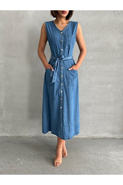 Miss Prova Μακρύ τζιν φόρεμα με κουμπιά και λεπτομέρεια τσέπης MISSEL8999