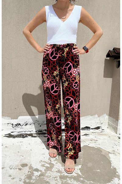 520CK Women's Viscose Fabric Wide Leg Patterned Summer Trousers