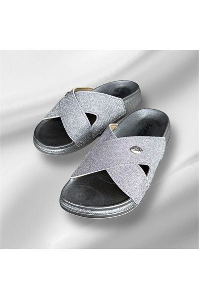 ŞAHGÜL Elegance Women's Silver Gold Silvery Orthopedic Pool Sole Cross Model Slippers